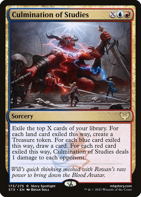 Culmination of Studies
Sorcery
Exile the top X cards of your library. For each land card exiled this way, create a Treasure token. For each blue card exiled this way, draw a card. For each red card exiled this way, Culmination of Studies deals 1 damage to each opponent.