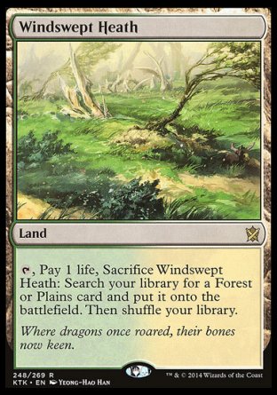 '-Windswept Heath
Land
%T, Pay 1 life, Sacrifice this land: Search your library for a Forest or Plains card, put it onto the battlefield, then shuffle.