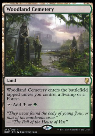 '-Woodland Cemetery
Land
This land enters tapped unless you control a Swamp or a Forest.
%T: Add %B or %G.