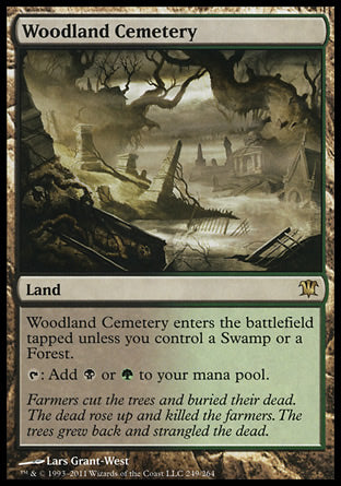 '-Woodland Cemetery
Land
This land enters tapped unless you control a Swamp or a Forest.
%T: Add %B or %G.
