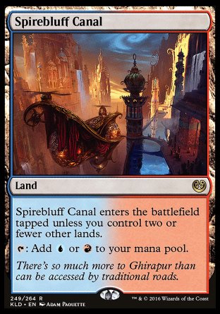 '-Spirebluff Canal
Land
This land enters tapped unless you control two or fewer other lands.
%T: Add %U or %R.