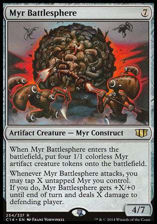 Myr Battlesphere
Artifact Creature — Myr Construct
When this creature enters, create four 1/1 colorless Myr artifact creature tokens.
Whenever this creature attacks, you may tap X untapped Myr you control. If you do, this creature gets +X/+0 until end of turn and deals X damage to the player or planeswalker it's attacking.
4/7