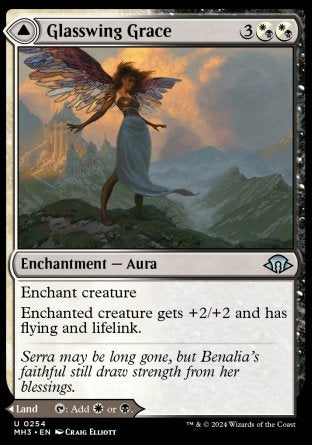 Glasswing Grace
Enchantment — Aura
Enchant creature
Enchanted creature gets +2/+2 and has flying and lifelink.
Age-Graced Chapel
Land
This land enters tapped.
%T: Add %W or %B.
