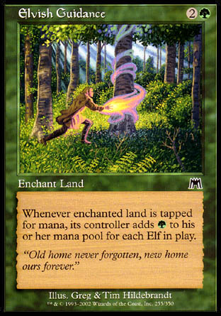'-Elvish Guidance
Enchantment â€” Aura
Enchant land
Whenever enchanted land is tapped for mana, its controller adds an additional %G for each Elf on the battlefield.