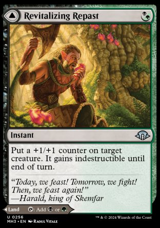 Revitalizing Repast
Instant
Put a +1/+1 counter on target creature. It gains indestructible until end of turn.
Old-Growth Grove
Land
This land enters tapped.
%T: Add %B or %G.