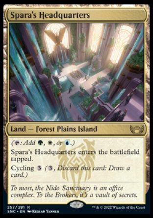 '-Spara's Headquarters
Land â€” Forest Plains Island
  
This land enters tapped.
Cycling %3