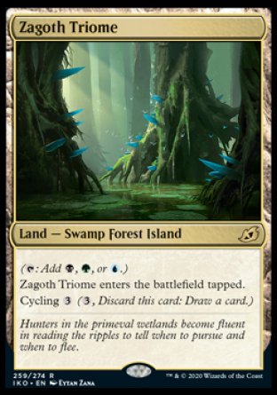 
Zagoth Triome
Land — Swamp Forest Island
  
This land enters tapped.
Cycling %3
