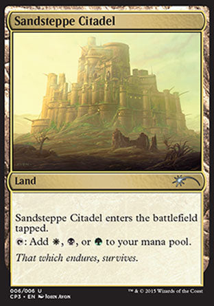 '-
Sandsteppe Citadel
Land
This land enters tapped.
%T: Add %W, %B, or %G.