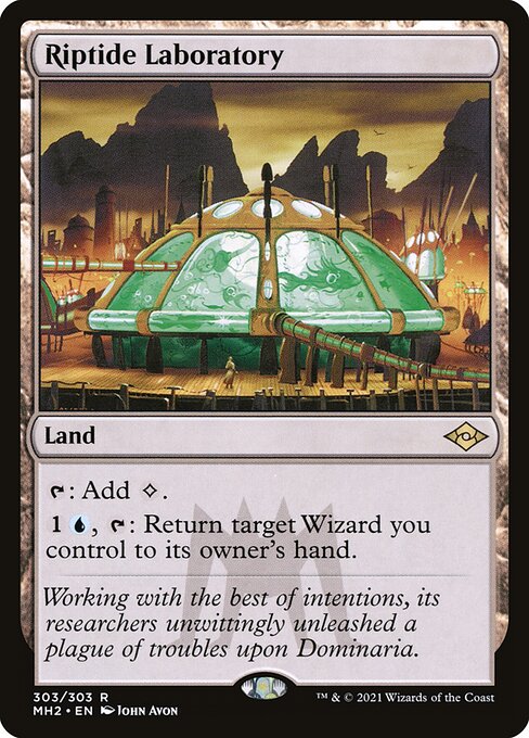 Riptide Laboratory
Land
{T}: Add {C}.
{1}{U}, {T}: Return target Wizard you control to its owner's hand.