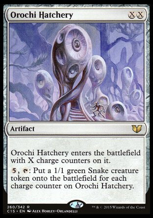 Orochi Hatchery
Artifact
This artifact enters with X charge counters on it.
%5, %T: Create a 1/1 green Snake creature token for each charge counter on this artifact.