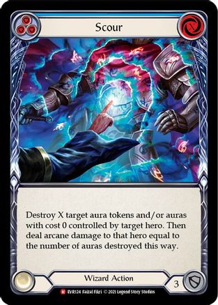 
Pitch:
3
Scour

Cost:
X

Destroy X target auras with cost 0 and/or aura tokens controlled by target hero. Then deal arcane damage to them equal to the number of auras destroyed this way.

Wizard Action

Defense:
3
