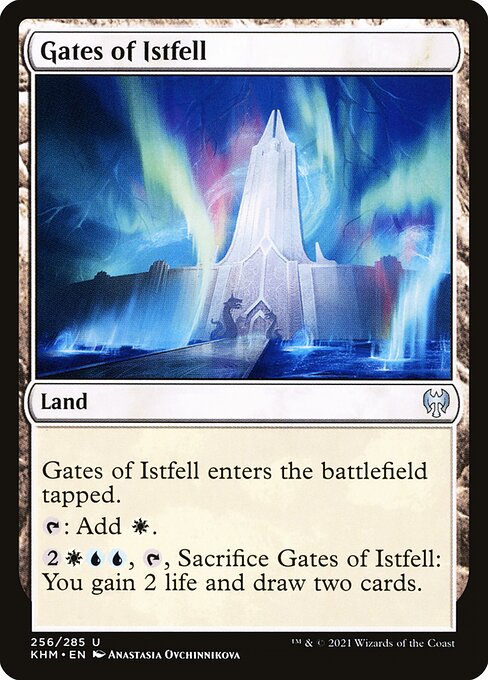 Gates of Istfell
Land
This land enters tapped.
{T}: Add {W}.
{2}{W}{U}{U}, {T}, Sacrifice this land: You gain 2 life and draw two cards.