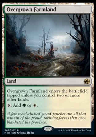 '-Overgrown Farmland
Land
This land enters tapped unless you control two or more other lands.
%T: Add %G or %W.