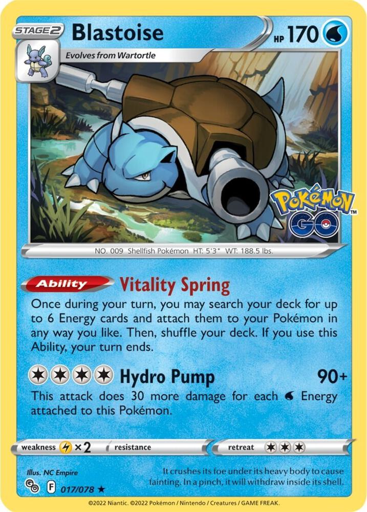 "Product Details
Card Number / Rarity:017/078 / Holo Rare
Card Type / HP / Stage:Water / 170 / Stage 2
Card Text:Ability — Vitality Spring
Once during your turn, you may search your deck for up to 6 Energy cards and attach them to your Pokémon in any way you like. Then, shuffle your deck. If you use this Ability, your turn ends.
Attack 1:[3] Hydro Pump (90+)
This attack does 30 more damage for each W Energy attached to this Pokémon.
Weakness / Resistance / Retreat Cost:Lx2 / None / 3"
