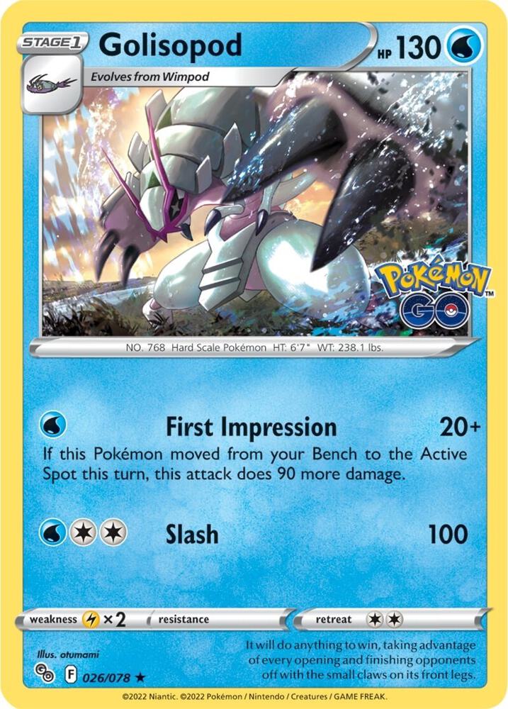 "Product Details
Card Number / Rarity:026/078 / Holo Rare
Card Type / HP / Stage:Water / 130 / Stage 1
Attack 1:[W] First Impression (20+)
If this Pokémon moved from your Bench to the Active Spot this turn, this attack does 90 more damage.
Attack 2:[2W] Slash (100)
Weakness / Resistance / Retreat Cost:Lx2 / None / 2"
