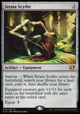 Strata Scythe
Artifact — Equipment
Imprint — When this Equipment enters, search your library for a land card, exile it, then shuffle.
Equipped creature gets +1/+1 for each land on the battlefield with the same name as the exiled card.
Equip %3