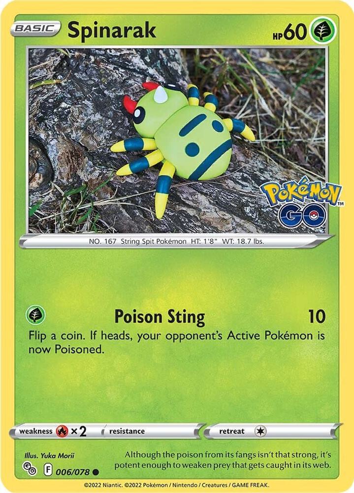 "Product Details
Card Number / Rarity:006/078 / Common
Card Type / HP / Stage:Grass / 60 / Basic
Attack 1:[G] Poison Sting (10)
Flip a coin. If heads, your opponent's Active Pokémon is now Poisoned.
Weakness / Resistance / Retreat Cost:Rx2 / None / 1"
