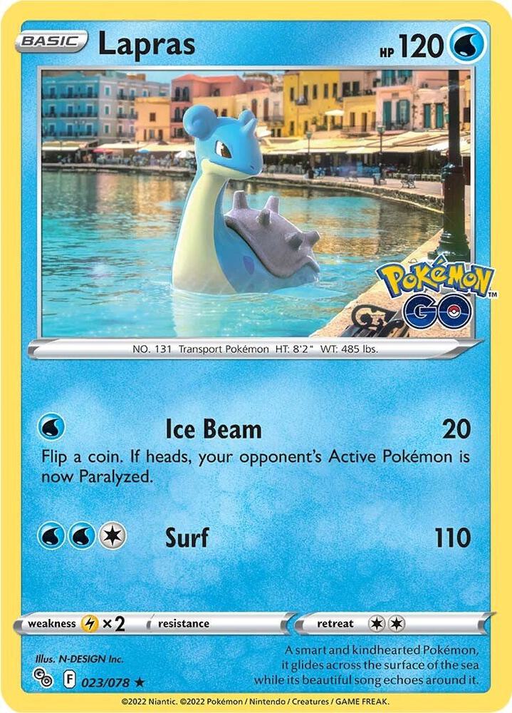 "Product Details
Card Number / Rarity:023/078 / Holo Rare
Card Type / HP / Stage:Water / 120 / Basic
Attack 1:[W] Ice Beam (20)
Flip a coin. If heads, your opponent's Active Pokémon is now Paralyzed.
Attack 2:[1WW] Surf (110)
Weakness / Resistance / Retreat Cost:Lx2 / None / 2"

