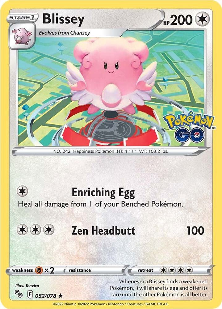 "Product Details
Card Number / Rarity:052/078 / Holo Rare
Card Type / HP / Stage:Colorless / 200 / Stage 1
Attack 1:[1] Enriching Egg
Heal all damage from 1 of your Benched Pokémon.
Attack 2:[3] Zen Headbutt (100)
Weakness / Resistance / Retreat Cost:Fx2 / None / 4"
