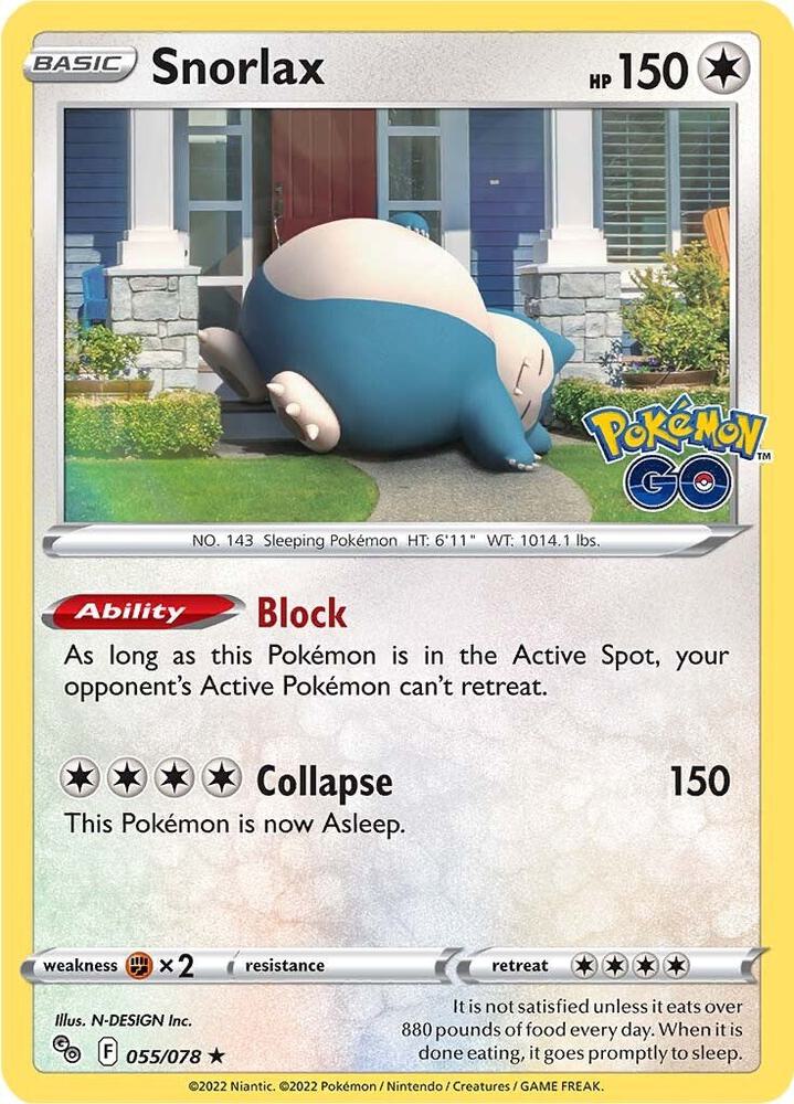 "Product Details
Card Number / Rarity:055/078 / Holo Rare
Card Type / HP / Stage:Colorless / 150 / Basic
Card Text:Ability — Block
As long as this Pokémon is in the Active Spot, your opponent's Active Pokémon can't retreat.
Attack 1:[4] Collapse (15)
Weakness / Resistance / Retreat Cost:Fx2 / None / 4"

