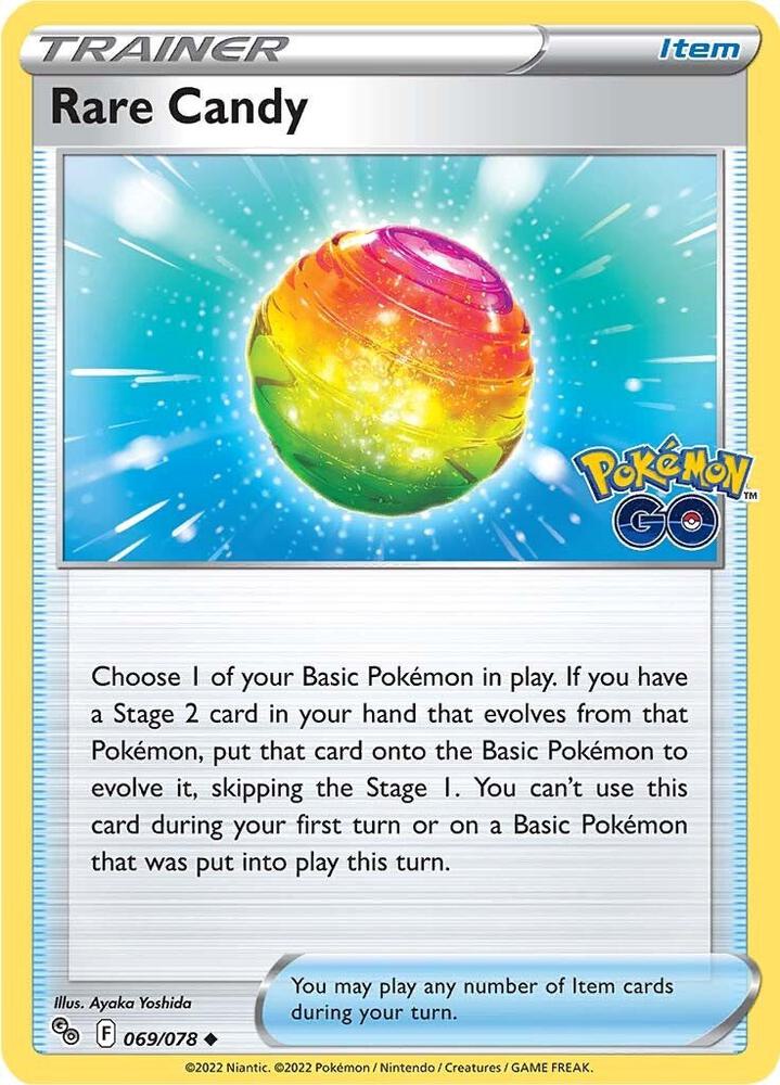 "Product Details
Card Number / Rarity:069/078 / Uncommon
Card Type / HP / Stage:Item / /
Card Text:Choose 1 of your Basic Pokémon in play. If you have a Stage 2 card in your hand that evolves from that Pokémon, put that card onto the Basic Pokémon to evolve it, skipping the Stage 1. You can't use this card during your first turn or on a Basic Pokémon that was put into play this turn."
