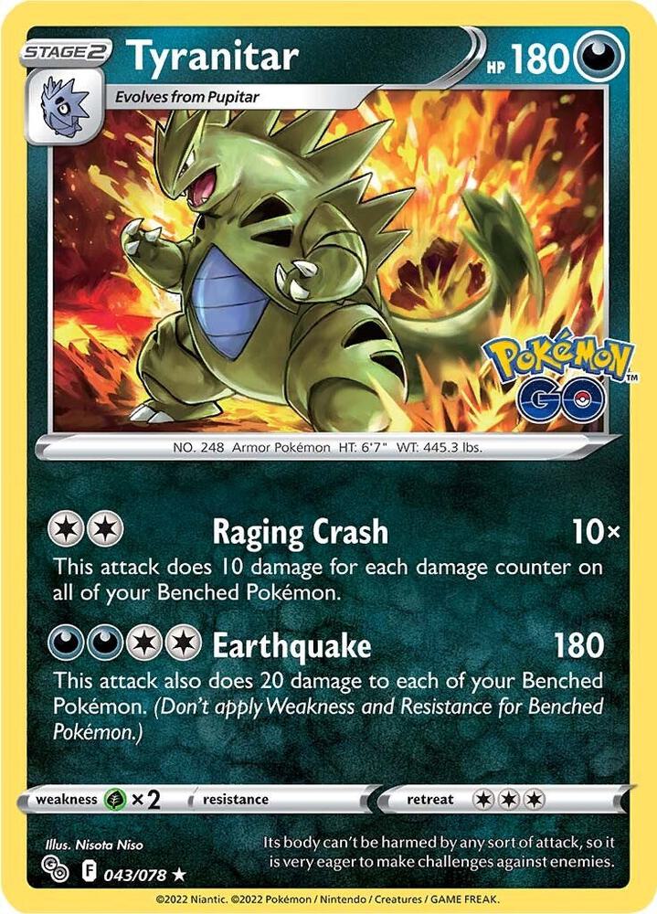 "Product Details
Card Number / Rarity:043/078 / Holo Rare
Card Type / HP / Stage:Darkness / 180 / Stage 2
Attack 1:[2] Raging Crash (10x)
This attack does 10 damage for each damage counter on all of your Benched Pokémon.
Attack 2:[2DD] Earthquake (180)
This attack also does 20 damage to each of your Benched Pokémon. (Don't apply Weakness and Resistance for Benched Pokémon.)
Weakness / Resistance / Retreat Cost:Gx2 / None / 3"
