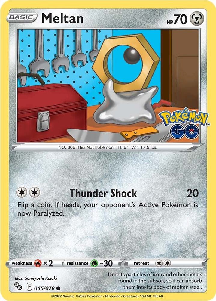 "Product Details
Card Number / Rarity:045/078 / Common
Card Type / HP / Stage:Metal / 70 / Basic
Attack 1:[2] Thunder Shock (20)
Flip a coin. If heads, your opponent's Active Pokémon is now Paralyzed.
Weakness / Resistance / Retreat Cost:Rx2 / G-30 / 2"
