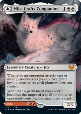 '-Mila, Crafty Companion

2/3

+1
You may discard a card. If you do, draw a card. If a creature card was discarded this way, draw two cards instead.
-2
Return target creature card from your graveyard to the battlefield. It gains haste. Exile it at the beginning of your next up.
-7
You get an emblem "Whenever a creature you control enters, it deals damage equal to its power to any target."
Ly : 5