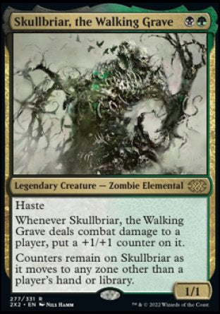 '-Skullbriar, the Walking Grave
Legendary Creature â€” Zombie Elemental
Haste
Whenever Skullbriar deals combat damage to a player, put a +1/+1 counter on it.
Counters remain on Skullbriar as it moves to any zone other than a player's hand or library.
1/1