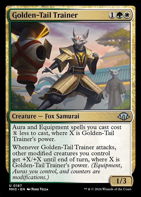 Golden-Tail Trainer
Creature — Fox Samurai
Aura and Equipment spells you cast cost {X} less to cast, where X is this creature's power.
Whenever this creature attacks, other modified creatures you control get +X/+X until end of turn, where X is this creature's power. (Equipment, Auras you control, and counters are modifications.)
1/3