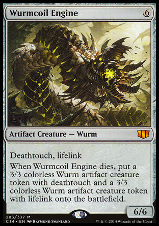Wurmcoil Engine
Artifact Creature — Phyrexian Wurm
Deathtouch, lifelink
When this creature dies, create a 3/3 colorless Phyrexian Wurm artifact creature token with deathtouch and a 3/3 colorless Phyrexian Wurm artifact creature token with lifelink.
6/6