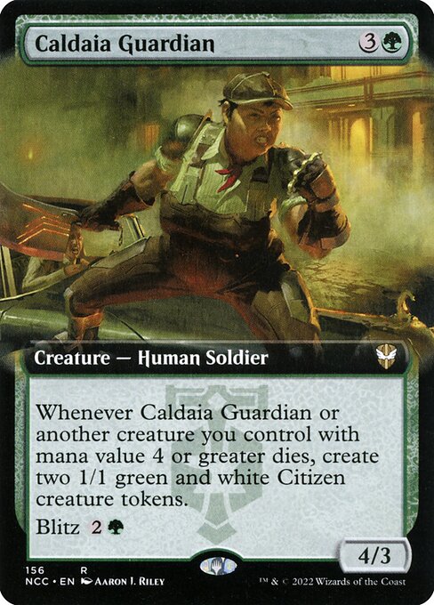 Caldaia Guardian
Creature — Human Soldier
Whenever this creature or another creature you control with mana value 4 or greater dies, create two 1/1 green and white Citizen creature tokens.
Blitz {2}{G} (If you cast this spell for its blitz cost, it gains haste and "When this creature dies, draw a card." Sacrifice it at the beginning of the next end step.)
4/3