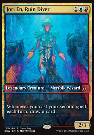 '-Jori En, Ruin Diver
Legendary Creature â€” Merfolk Wizard
Whenever you cast your second spell each turn, draw a card.
2/3
