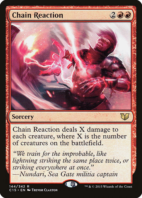 Chain Reaction
Sorcery
Chain Reaction deals X damage to each creature, where X is the number of creatures on the battlefield.