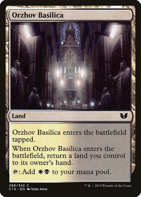 Orzhov Basilica
Land
This land enters tapped.
When this land enters, return a land you control to its owner's hand.
{T}: Add {W}{B}.