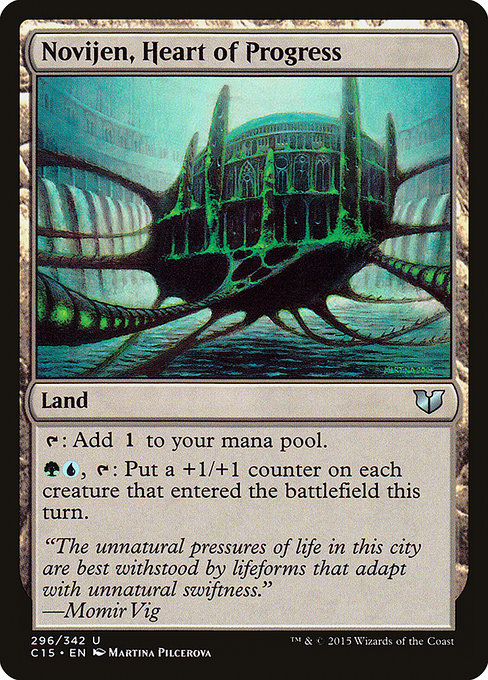 Novijen, Heart of Progress
Land
{T}: Add {C}.
{G}{U}, {T}: Put a +1/+1 counter on each creature that entered this turn.
