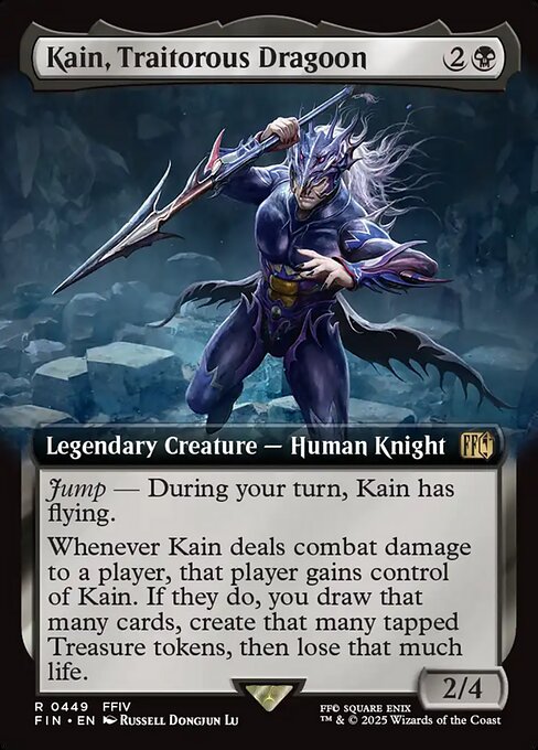Kain, Traitorous Dragoon
Legendary Creature — Human Knight
Jump — During your turn, Kain has flying.
Whenever Kain deals combat damage to a player, that player gains control of Kain. If they do, you draw that many cards, create that many tapped Treasure tokens, then lose that much life.
2/4