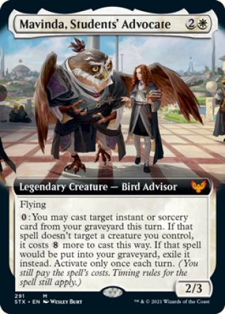'-Mavinda, Students' Advocate
Legendary Creature â€” Bird Advisor
Flying
%0: You may cast target instant or sorcery card from your graveyard this turn. If that spell doesn't target a creature you control, it costs %8 more to cast this way. If that spell would be put into your graveyard, exile it instead. Activate only once each turn.
2/3