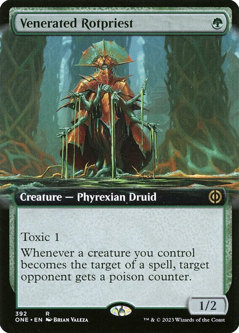 Venerated Rotpriest
Creature — Phyrexian Druid
Toxic 1 (Players dealt combat damage by this creature also get a poison counter.)
Whenever a creature you control becomes the target of a spell, target opponent gets a poison counter.
1/2