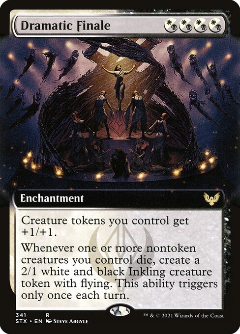 Dramatic Finale
Enchantment
Creature tokens you control get +1/+1.
Whenever one or more nontoken creatures you control die, create a 2/1 white and black Inkling creature token with flying. This ability triggers only once each turn.