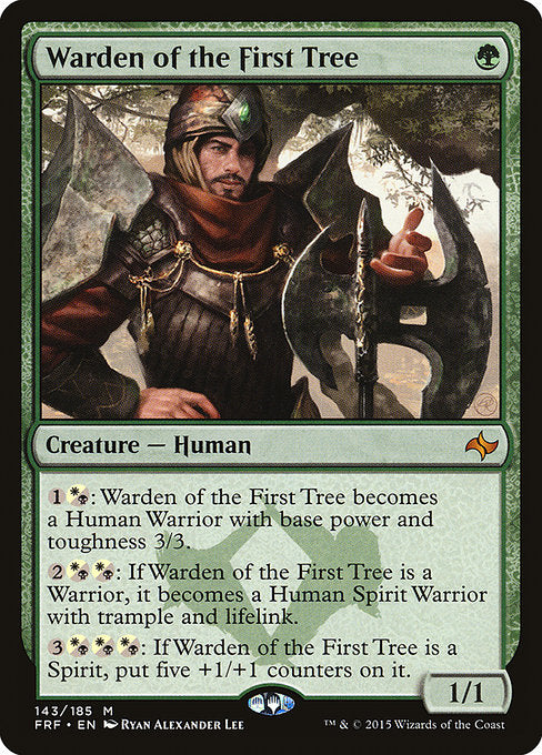 Warden of the First Tree
Creature — Human
{1}{W/B}: This creature becomes a Human Warrior with base power and toughness 3/3.
{2}{W/B}{W/B}: If this creature is a Warrior, it becomes a Human Spirit Warrior with trample and lifelink.
{3}{W/B}{W/B}{W/B}: If this creature is a Spirit, put five +1/+1 counters on it.
1/1