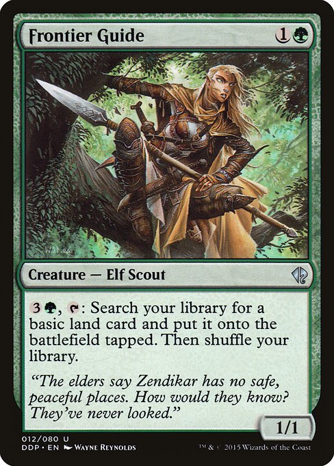 Frontier Guide
Creature — Elf Scout
{3}{G}, {T}: Search your library for a basic land card, put it onto the battlefield tapped, then shuffle.
1/1
