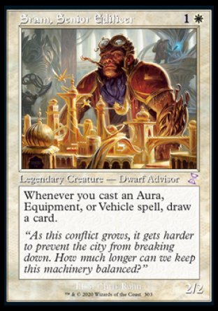 '-Sram, Senior Edificer
Legendary Creature â€” Dwarf Advisor
Whenever you cast an Aura, Equipment, or Vehicle spell, draw a card.
2/2