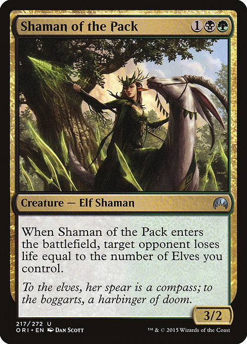 Shaman of the Pack
Creature — Elf Shaman
When this creature enters, target opponent loses life equal to the number of Elves you control.
3/2