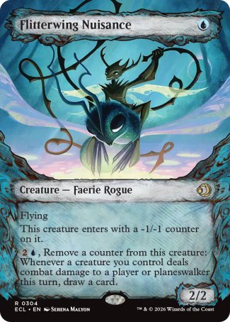 Flitterwing Nuisance
Creature â€” Faerie Rogue
Flying
This creature enters with a -1/-1 counter on it.
%2%U, Remove a counter from this creature: Whenever a creature you control deals combat damage to a player or planeswalker this turn, draw a card.
2/2