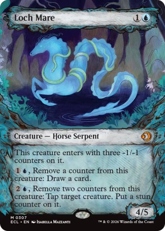 Loch Mare
Creature â€” Horse Serpent
This creature enters with three -1/-1 counters on it.
%1%U, Remove a counter from this creature: Draw a card.
%2%U, Remove two counters from this creature: Tap target creature. Put a stun counter on it.
4/5