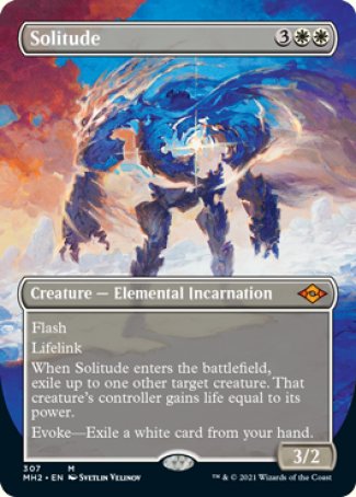 '-Solitude
Creature â€” Elemental Incarnation
Flash
Lifelink
When this creature enters, exile up to one other target creature. That creature's controller gains life equal to its power.
Evoke â€” Exile a white card from your hand.
3/2