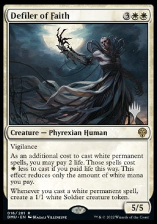 '-Defiler of Faith
Creature â€” Phyrexian Human
Vigilance
As an additional cost to cast white permanent spells, you may pay 2 life. Those spells cost %W less to cast if you paid life this way. This effect reduces only the amount of white mana you pay.
Whenever you cast a white permanent spell, create a 1/1 white Soldier creature token.
5/5