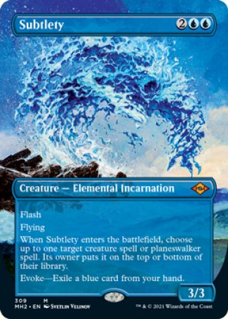 '-Subtlety
Creature â€” Elemental Incarnation
Flash
Flying
When this creature enters, choose up to one target creature spell or planeswalker spell. Its owner puts it on their choice of the top or bottom of their library.
Evoke â€” Exile a blue card from your hand.
3/3
