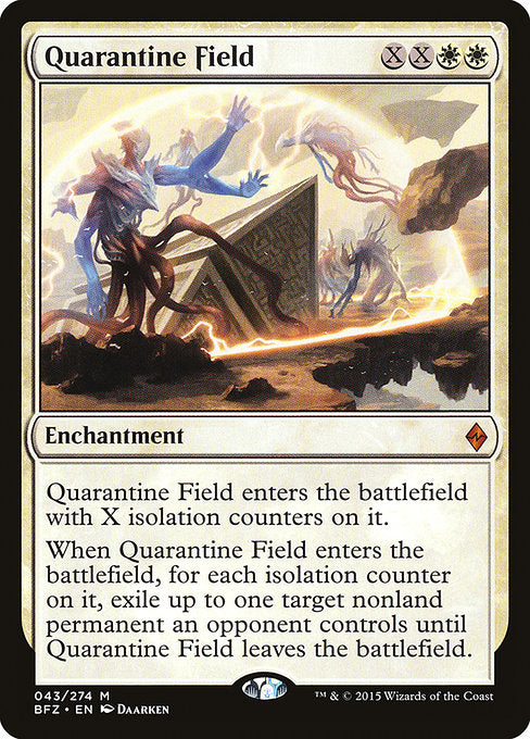 Quarantine Field
Enchantment
This enchantment enters with X isolation counters on it.
When this enchantment enters, for each isolation counter on it, exile up to one target nonland permanent an opponent controls until this enchantment leaves the battlefield.